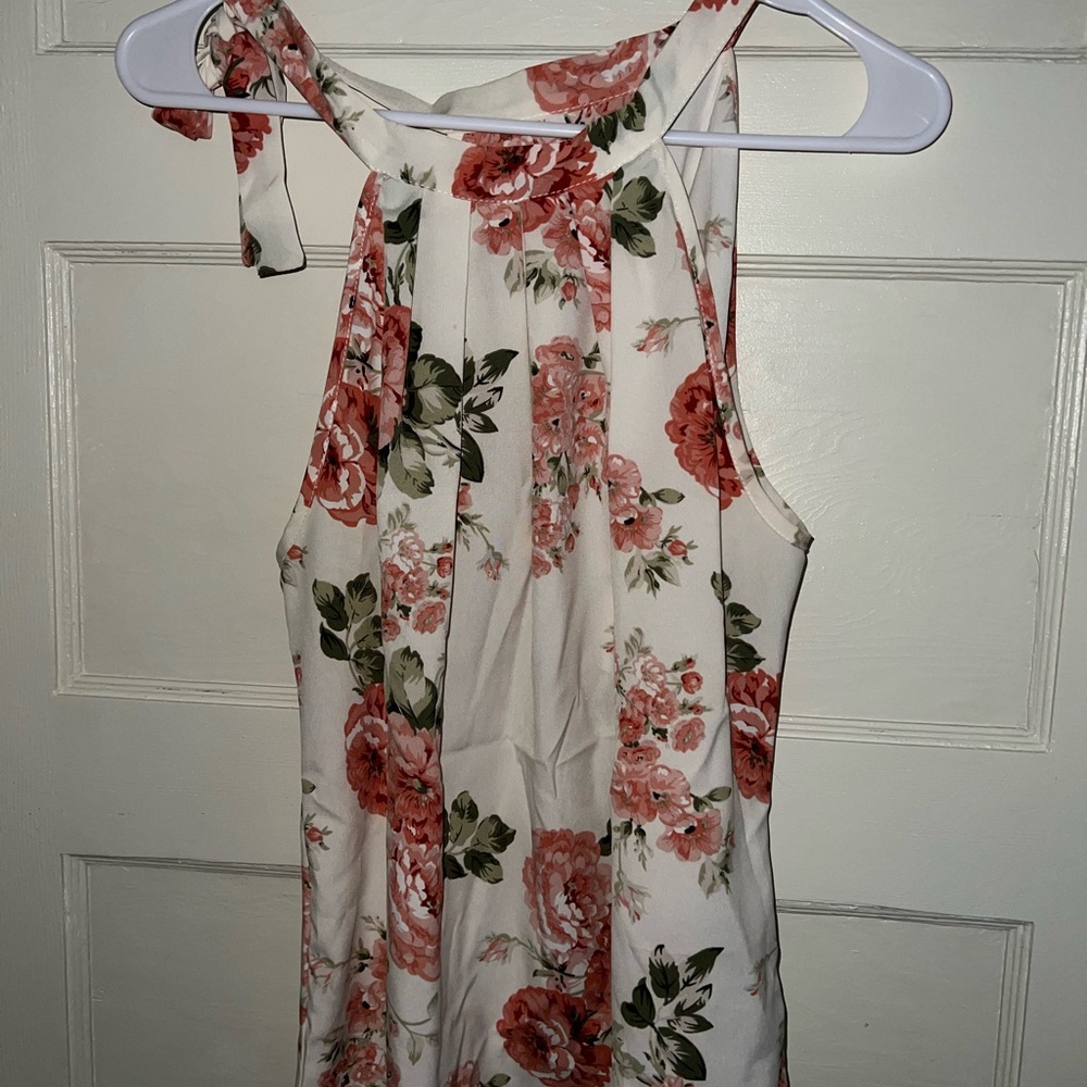 Floral Halter Tie Neck Dress - White with Coral Roses